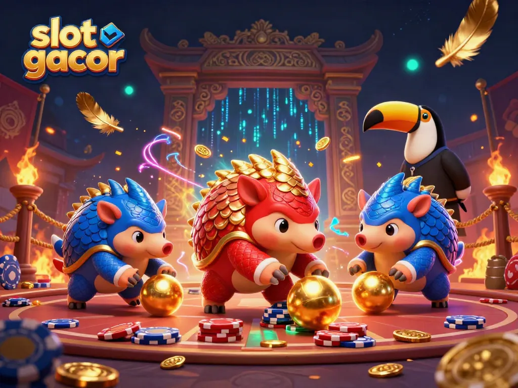 Engage with slot gacor excitement as rival pangolins compete in a vibrant casino scene with confetti and poker chips.