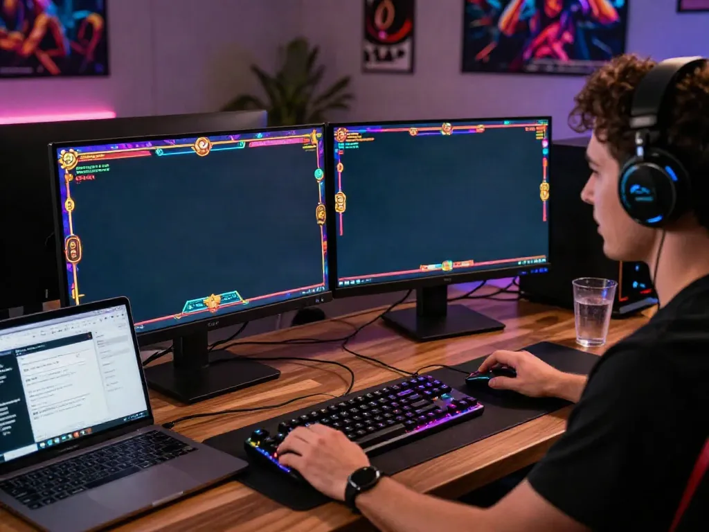 Online gambling player engaged in akunjp slot games at a dual-monitor setup.