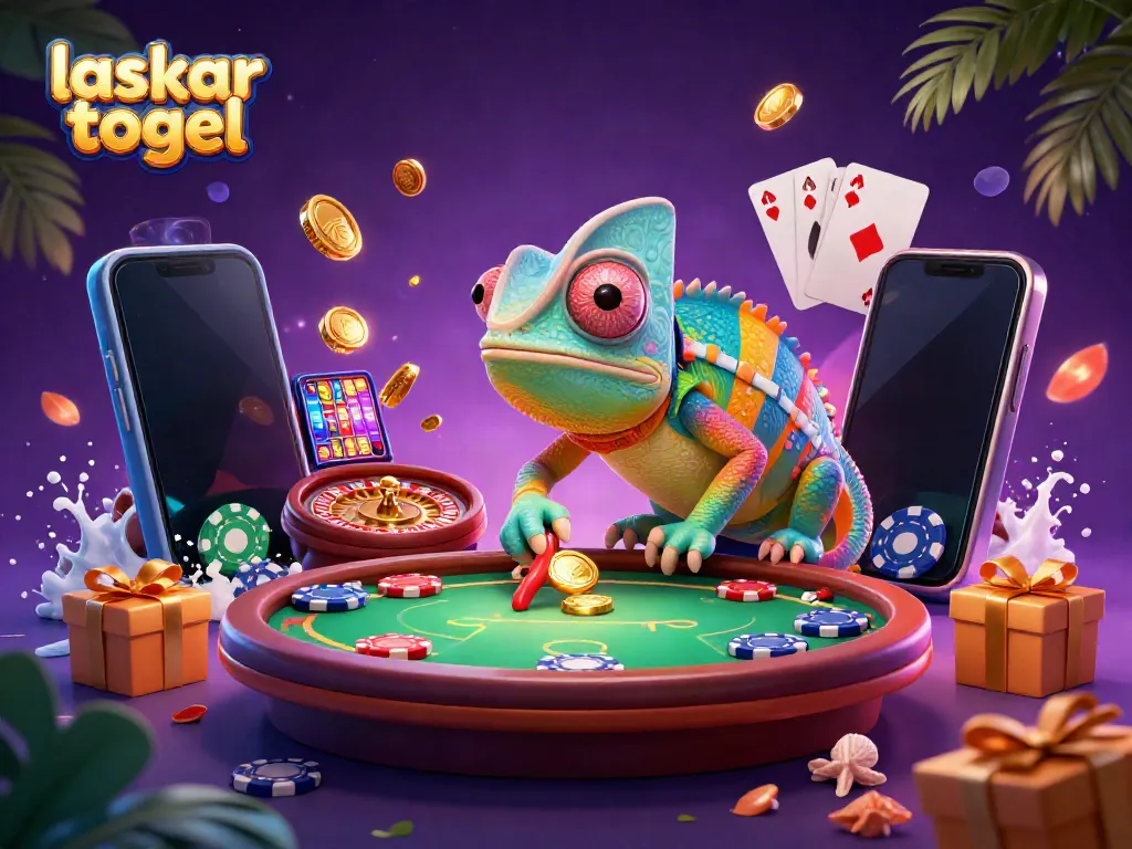 Witness the vibrant world of Laskar Togel with a cartoonish chameleon casino owner capturing golden coins amid gaming excitement.