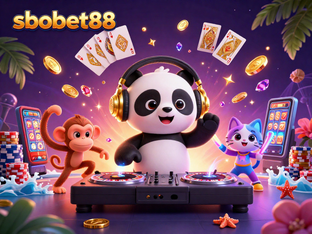 Experience sbobet88's vibrant gaming scene with DJ panda, breakdancing monkey, and rave kitten.