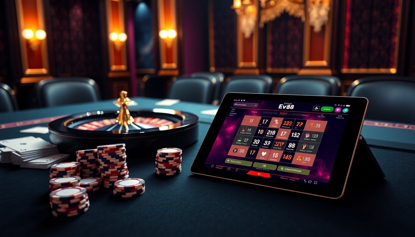 Engaging Ev88 gaming scene with cards, roulette wheel, and online gambling interface.