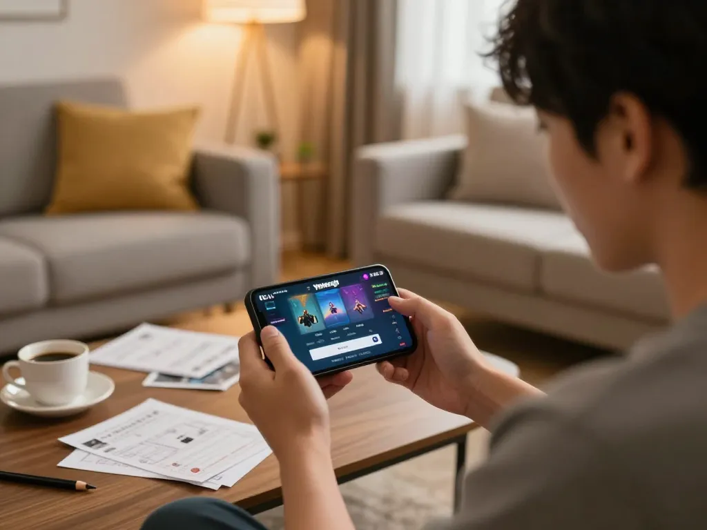 Enjoying yowesjp login for online gaming from a cozy living room with strategic notes.