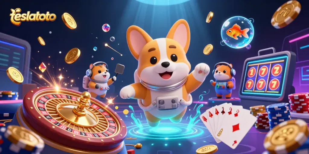 Experience the thrilling action of teslatoto with a dynamic 3D casino scene featuring colorful gaming elements.