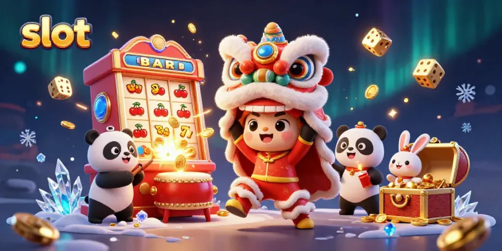 Engage with slots as a lively lion dance, featuring celebratory symbols and animated cash explosion.