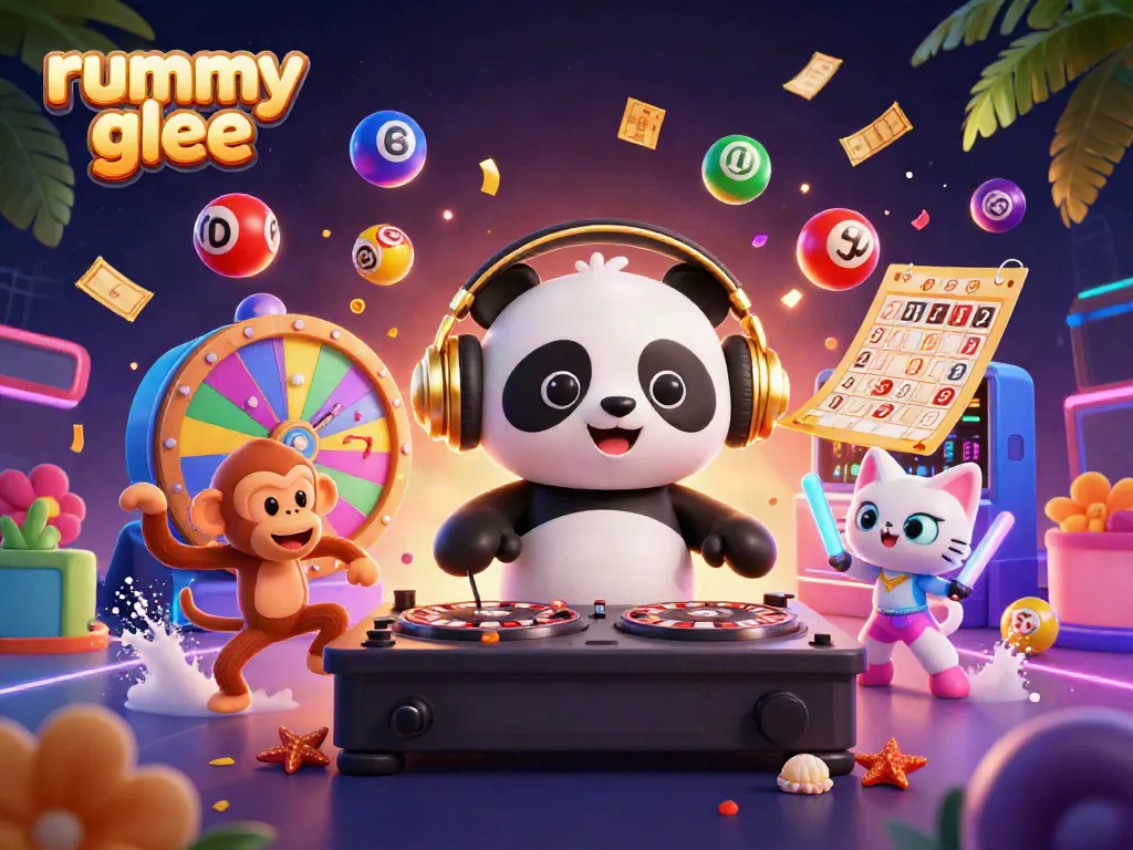 Rummy Glee menghadirkan keseruan permainan kartu dengan DJ panda dan teman-temannya dalam suasana penuh warna dan energi.
