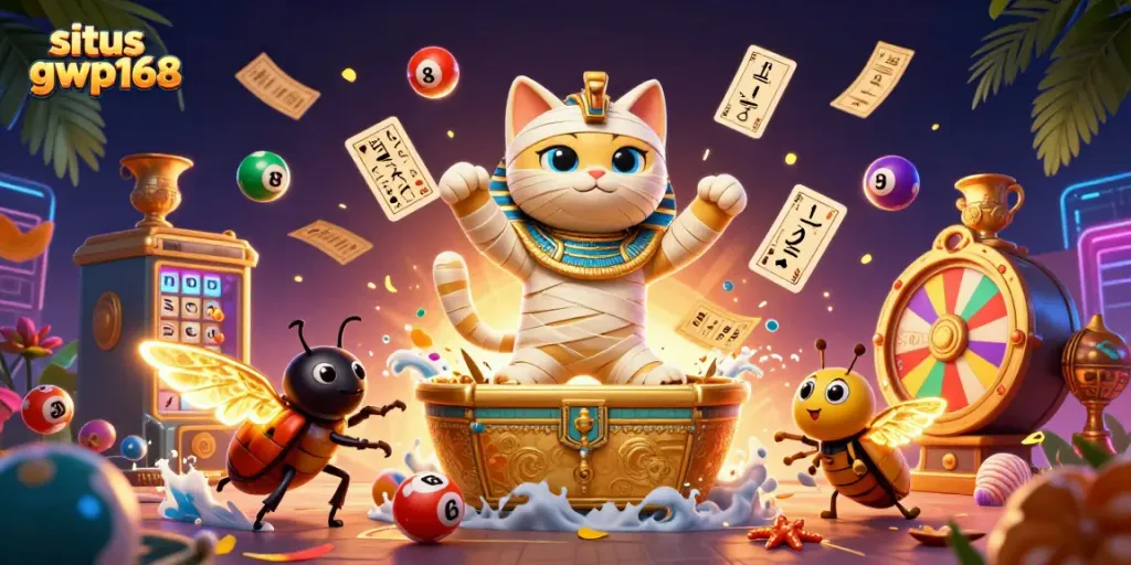 Permainan menarik di situs gwp168 dengan karakter kucing mummy dan elemen kasino yang penuh warna.