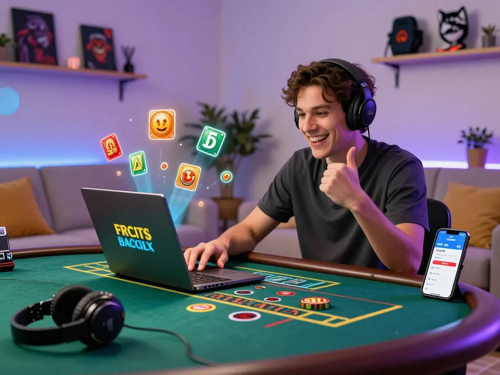 Player enjoying free credit baccarat at home with laptop and gaming accessories.