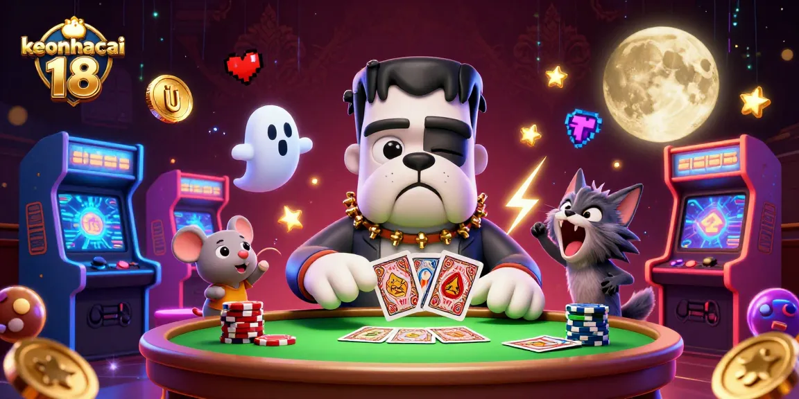 Explore keonhacai 18 with a lively scene of a Frankenstein bulldog dealing cards amidst vibrant casino elements.