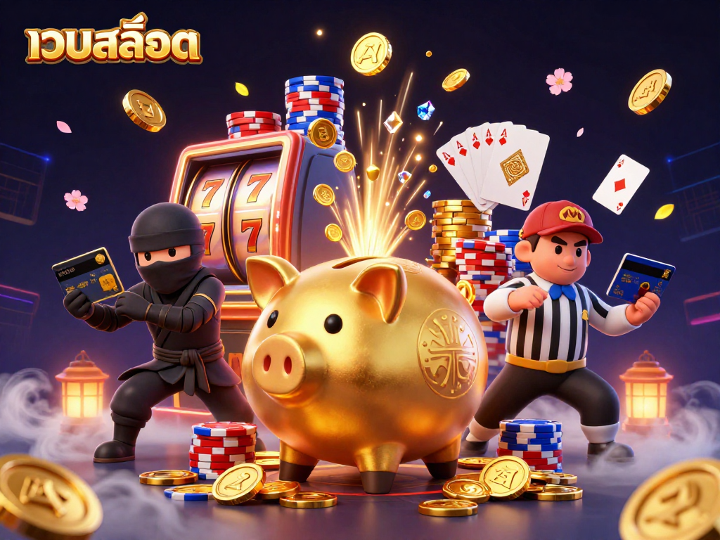 Play slots with เว็บสล็อต, featuring a dynamic scene of a piggy bank sumo wrestler and vibrant casino elements.