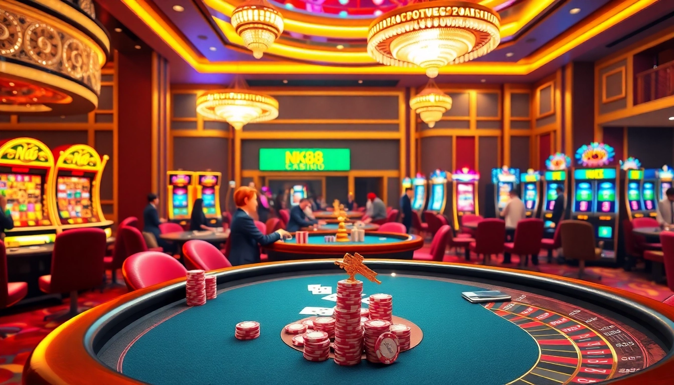 Experience the thrill of NK88 Casino with vibrant slot machines and a glamorous poker table.