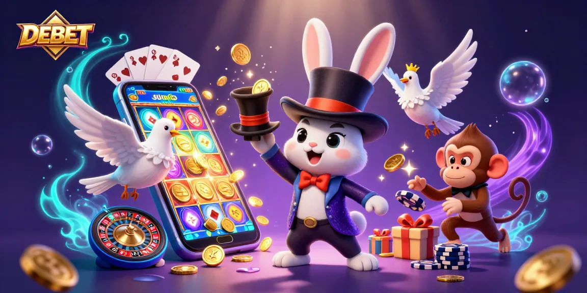 Win big with DEBET in this vibrant casino illustration featuring exciting games and magical elements.