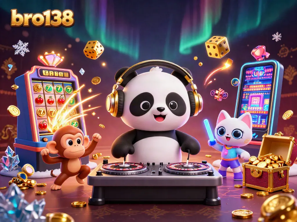 Enjoy exciting gameplay with bro138, featuring a DJ panda, breakdancing monkey, and glow-stick kitten in a vibrant casino scene.