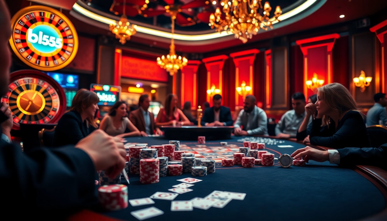 Engage in a thrilling poker game at bl555 casino with luxurious chips and cards.