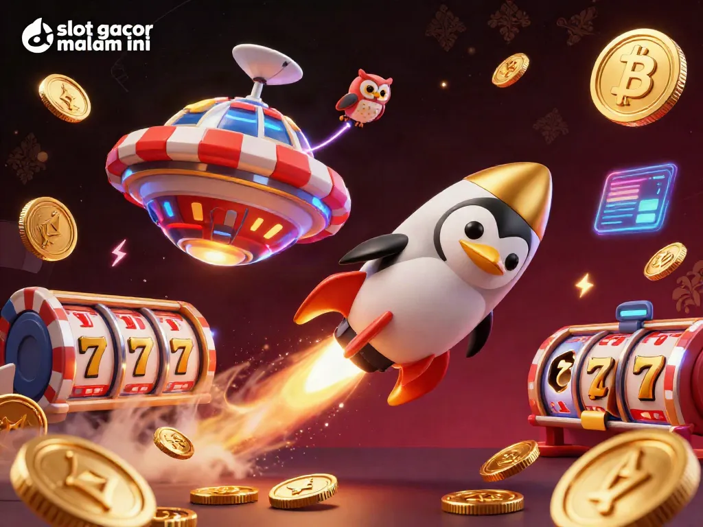 Melihat slot gacor malam ini yang menghadirkan penguin emas bertenaga roket menuju stasiun kasino dengan slot dan simbol keberuntungan.