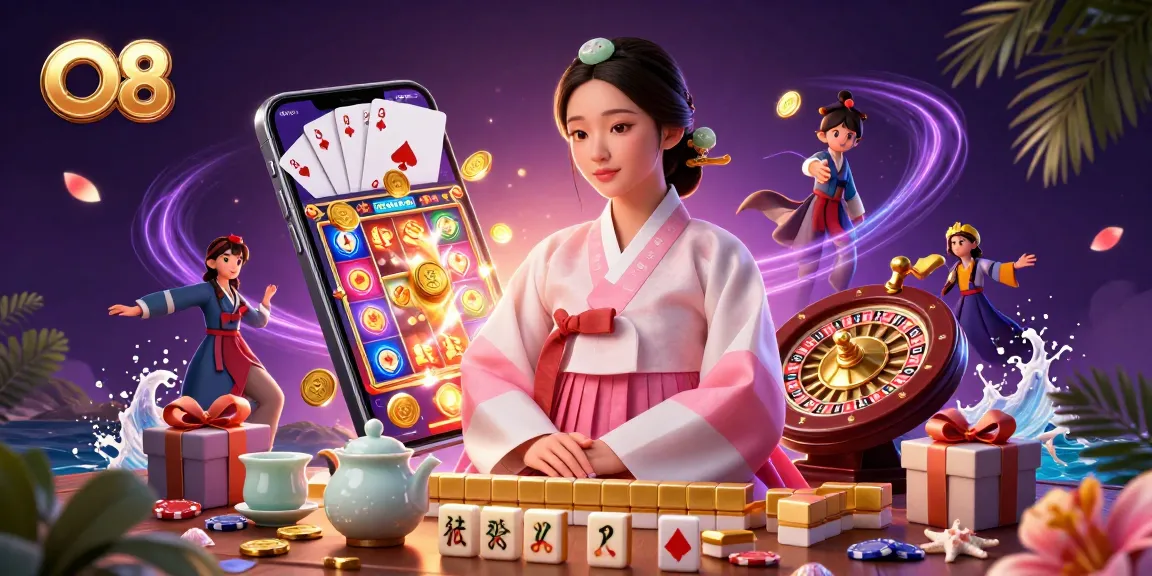 Experience slot gaming with O8 as golden coins erupt from a 3D smartphone surrounded by vibrant casino elements.