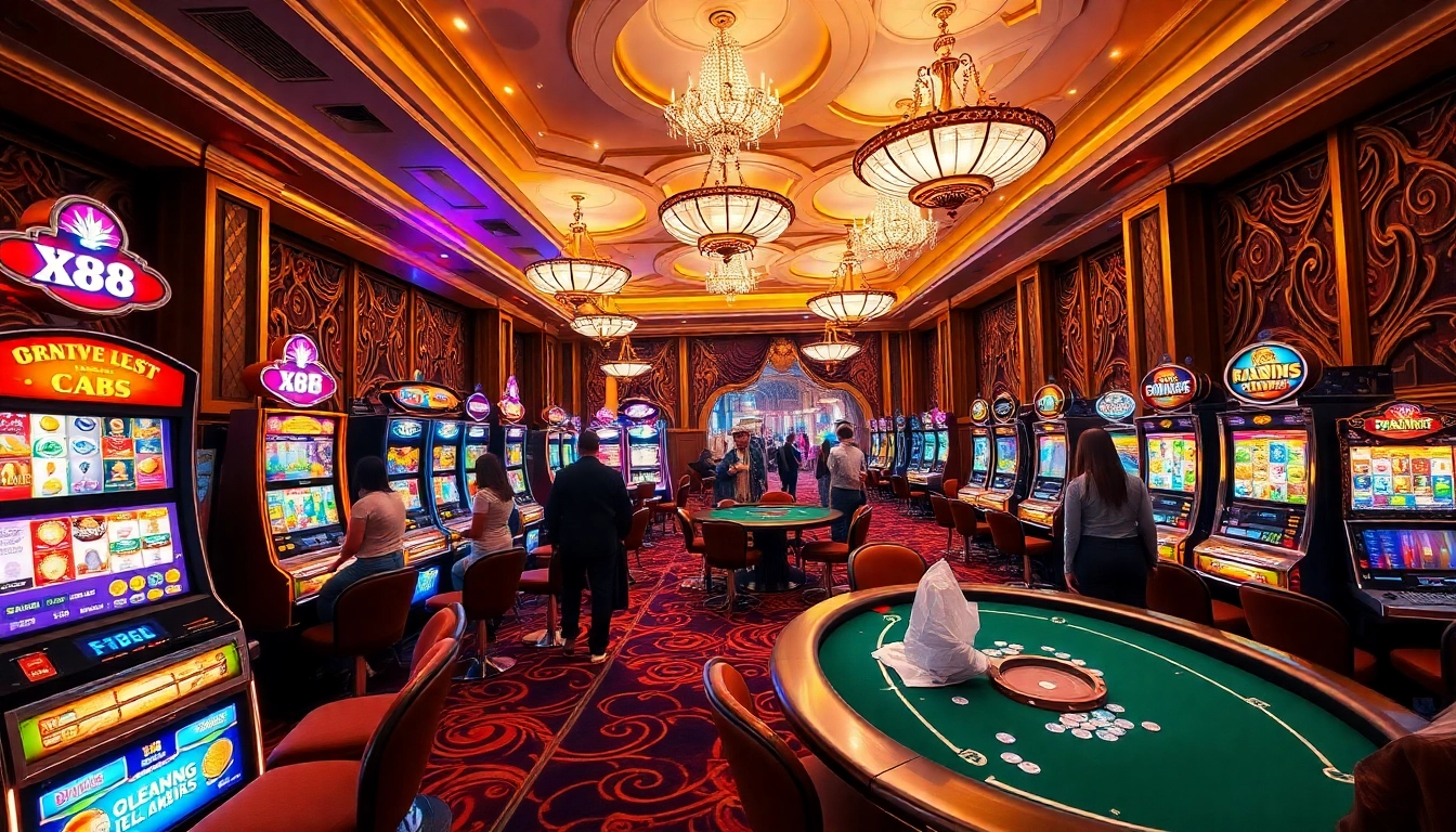 Excited players at slot x88 machines in a vibrant casino atmosphere, showcasing luxury and excitement.