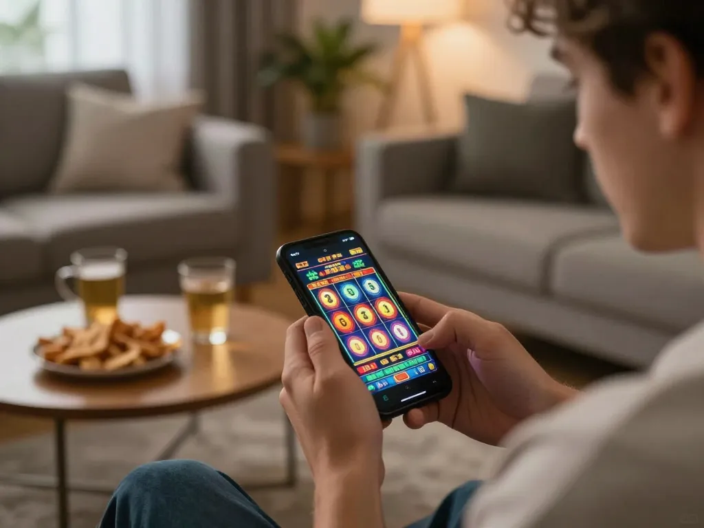 situs slot gameplay on smartphone in cozy home setting, capturing excitement during online gaming session