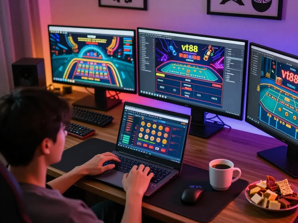 Person enjoying online gaming experience with vt88 platform on laptop, engaged in live dealer game.