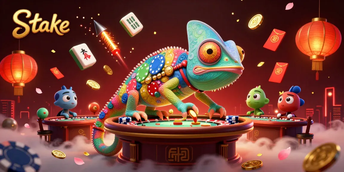 Stake players enjoy a vibrant casino atmosphere with a chameleon owner and colorful games.