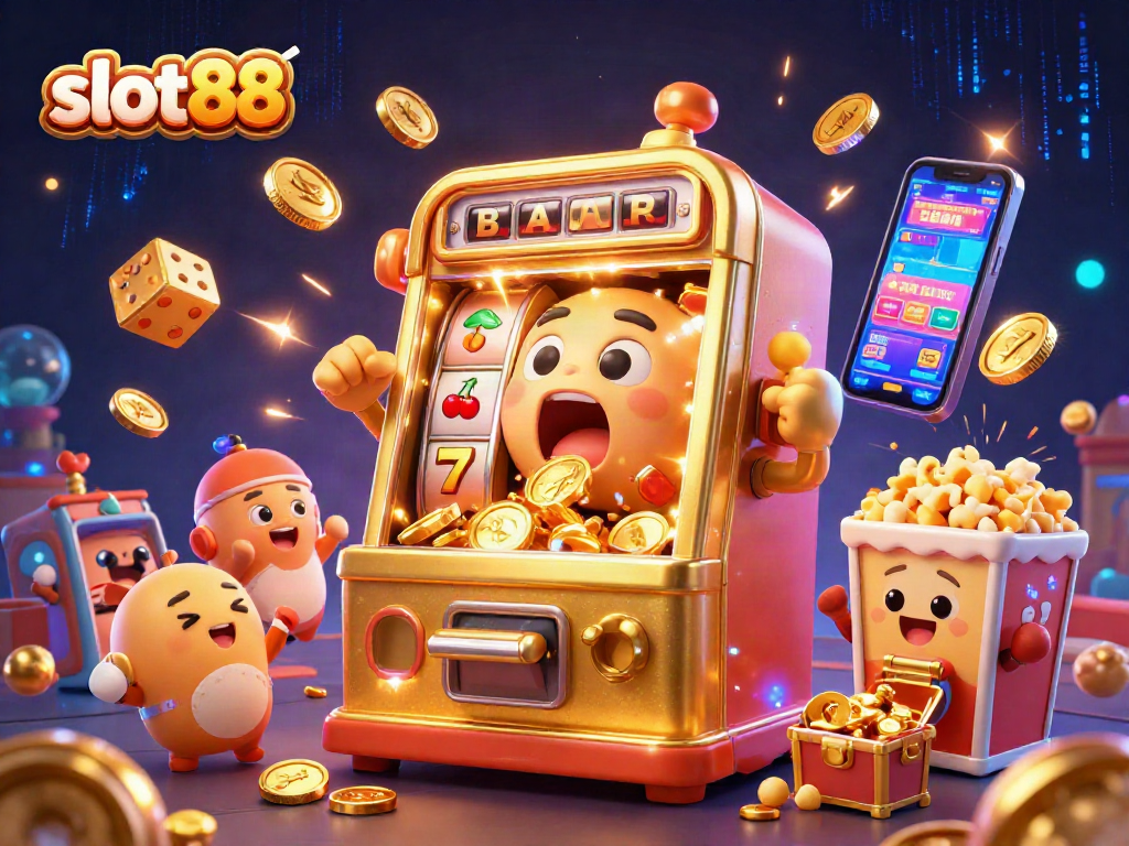 Experience the excitement of slot88 with a golden slot machine celebrating its jackpot victory, surrounded by cheering companions.