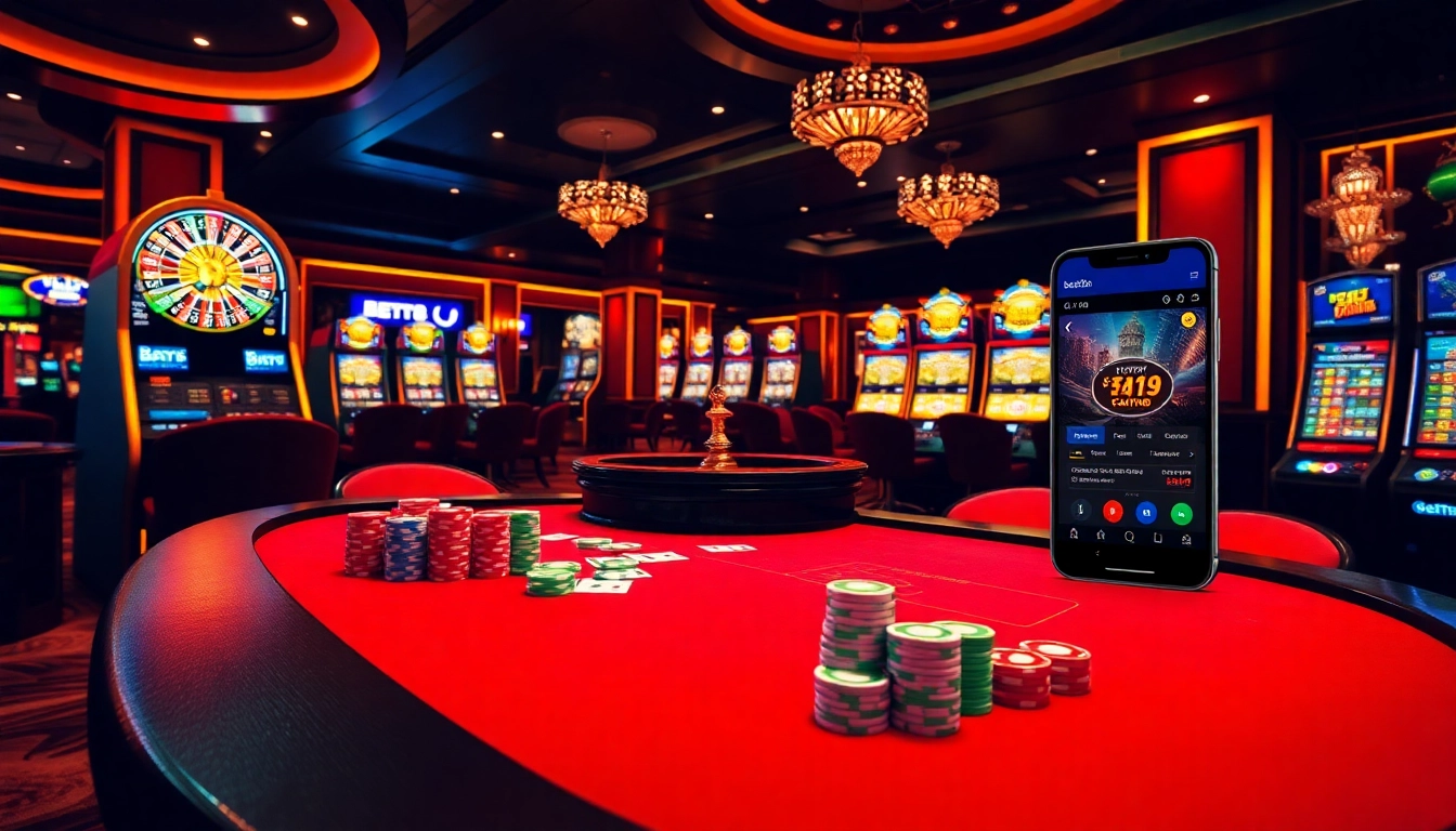 A captivating casino scene showcasing bet88.com with poker chips, roulette wheel, and mobile app interface.