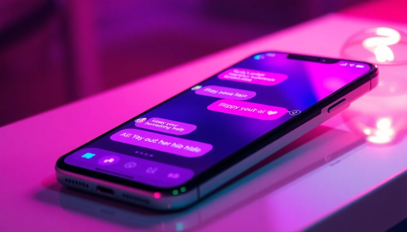 A vibrant smartphone interface showcasing an engaging interaction with free sex ai chatbot, featuring playful messages and colorful digital icons.