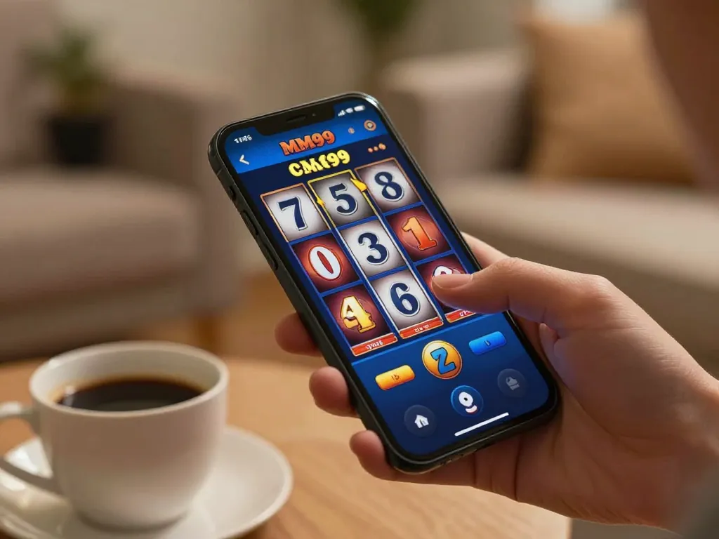 Engaging with MM99 Slot game on smartphone in a cozy home setting, showcasing modern online gaming.