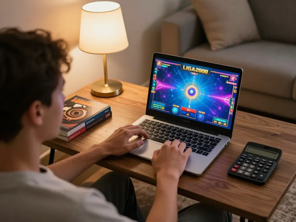 LIGA2000 player engaged in an online gaming experience at home, showcasing excitement and strategic gameplay.