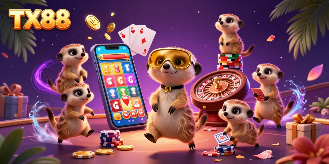 Engage with TX88's immersive casino experience featuring meerkats in a dynamic gambling scene.