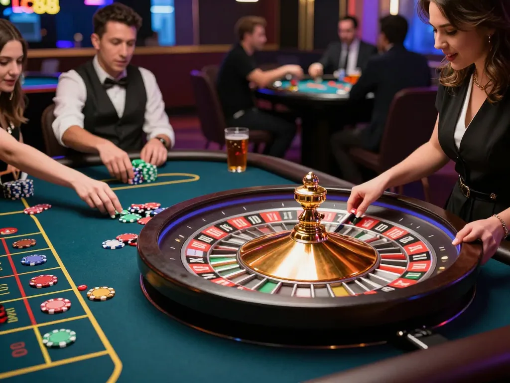 Players engaging in exciting roulette gameplay at LC88 casino, vibrant atmosphere with colorful chips and croupier.