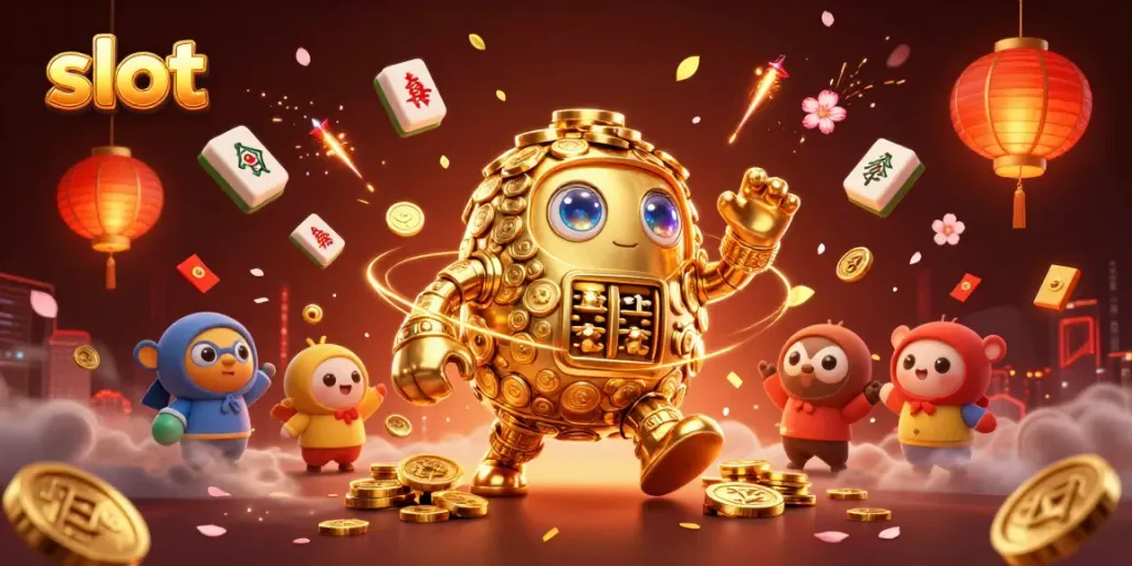 Spin and win at slot machines with a vibrant 3D golem amidst dynamic casino elements.