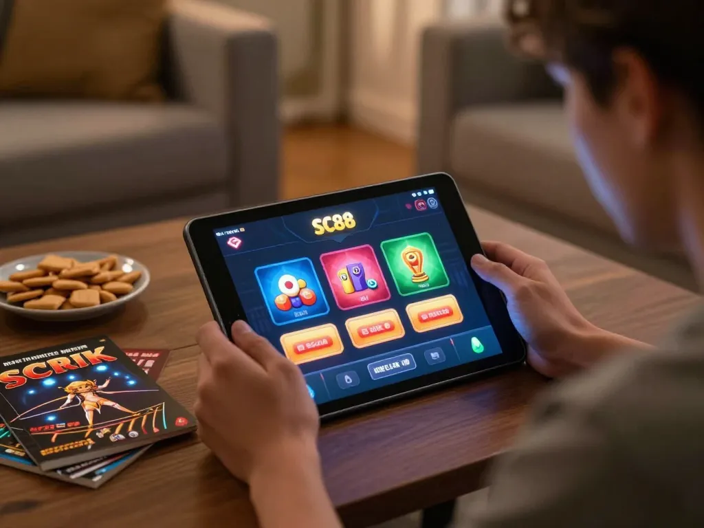 Engaging with sc88 online casino app on tablet in a cozy home setting, showcasing immersive gaming.