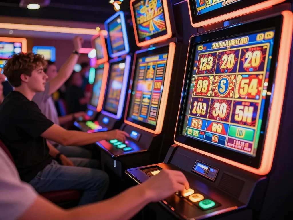 Excited players celebrating jackpots on situs slot gacor machines in vibrant casino atmosphere