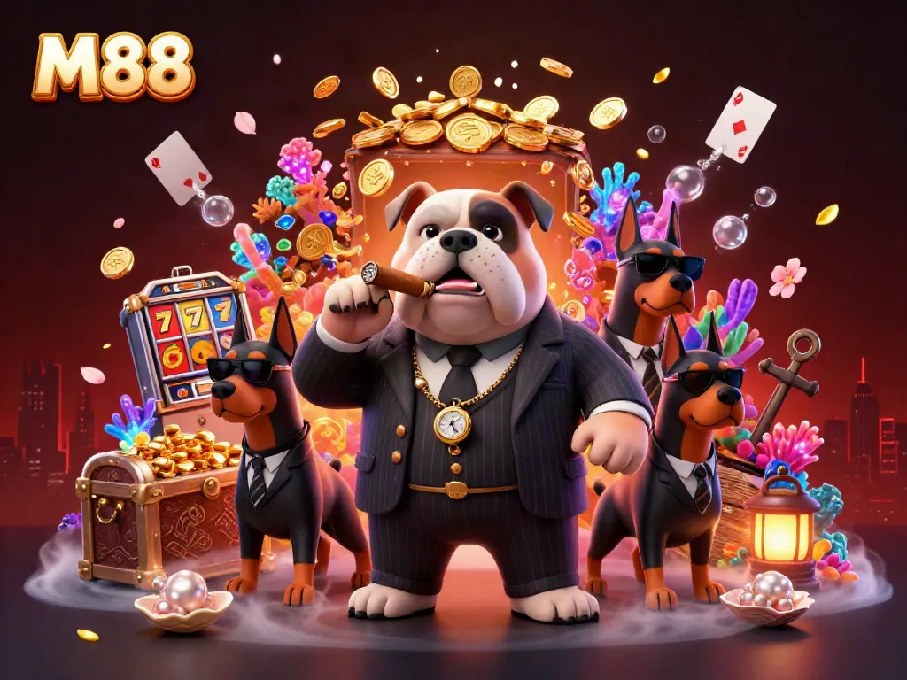 M88 showcases a mafia bulldog and Dobermans amidst a vibrant casino scene of slot machines and treasures.