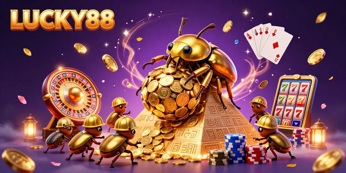Experience the excitement of LUCKY88 as golden beetles roll coins in a spectacular casino scene.