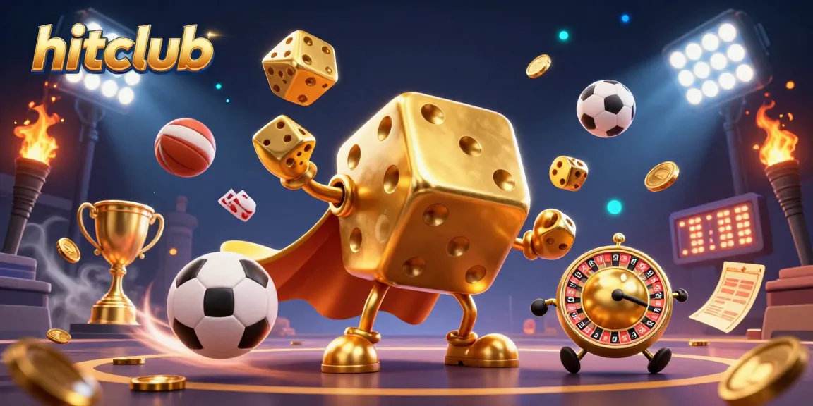 Hitclub showcases an exciting gambling scene with golden dice, sports elements, and dynamic action.