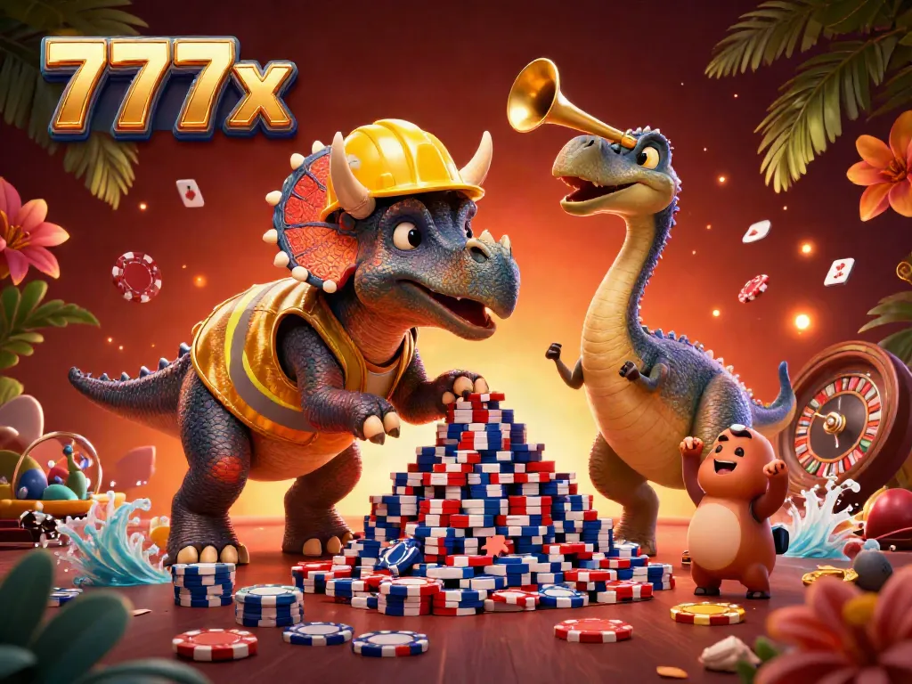 Cheerful triceratops builds a casino chip pyramid at 777x, celebrating with a parasaurolophus.