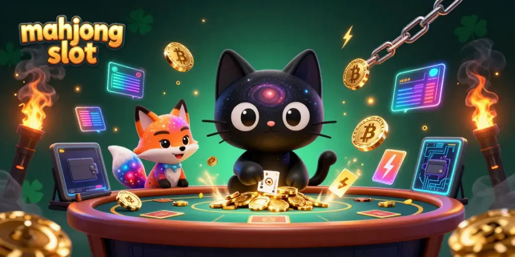 Experience the excitement of mahjong slot with a cosmic black hole cat and glowing game elements.