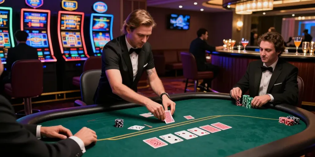 Vzrušující online kasina s elegantním pokerovým stolem a šťastnými hráči.