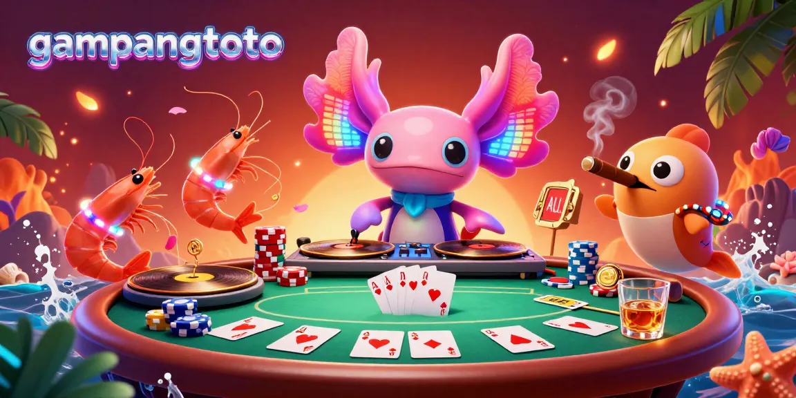 Experience the thrill of gambling with gampangtoto in this vibrant, dynamic casino scene featuring a DJ axolotl and energetic characters.