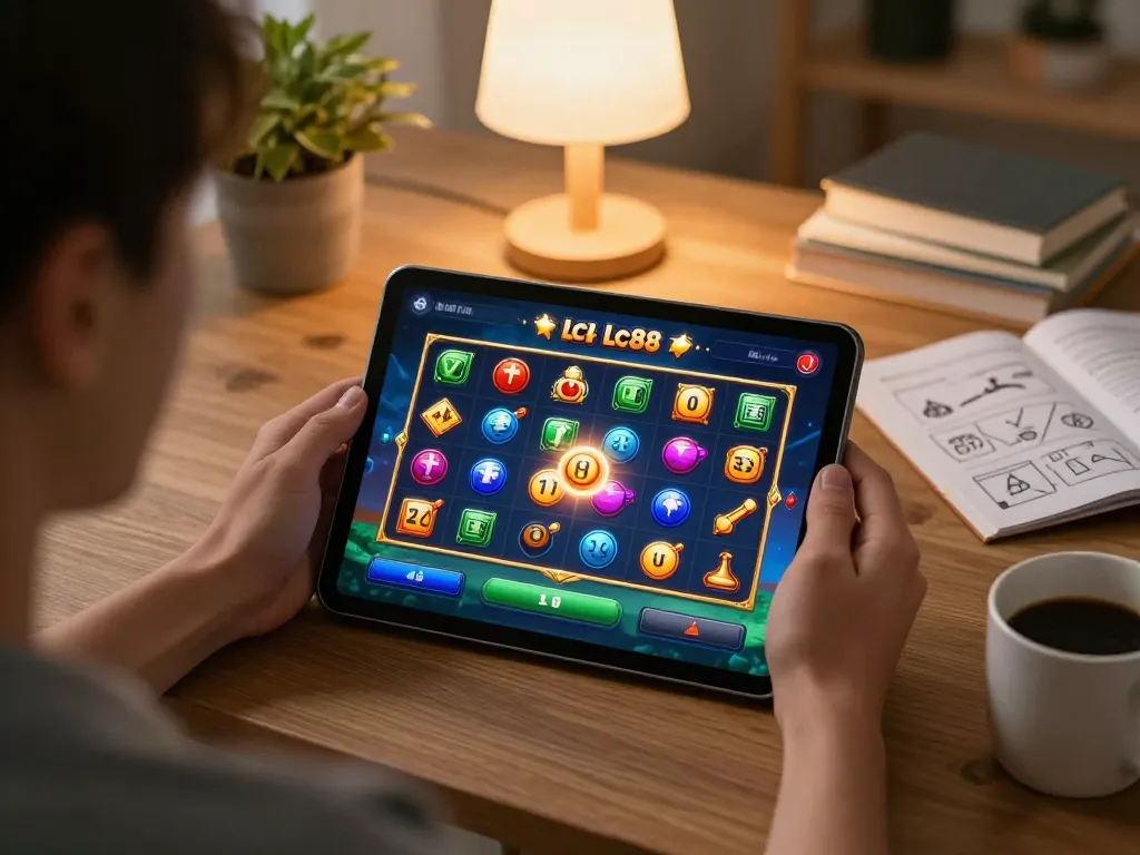 Lc88 game vividly displayed on tablet during a cozy home gaming session, showcasing exciting gameplay.