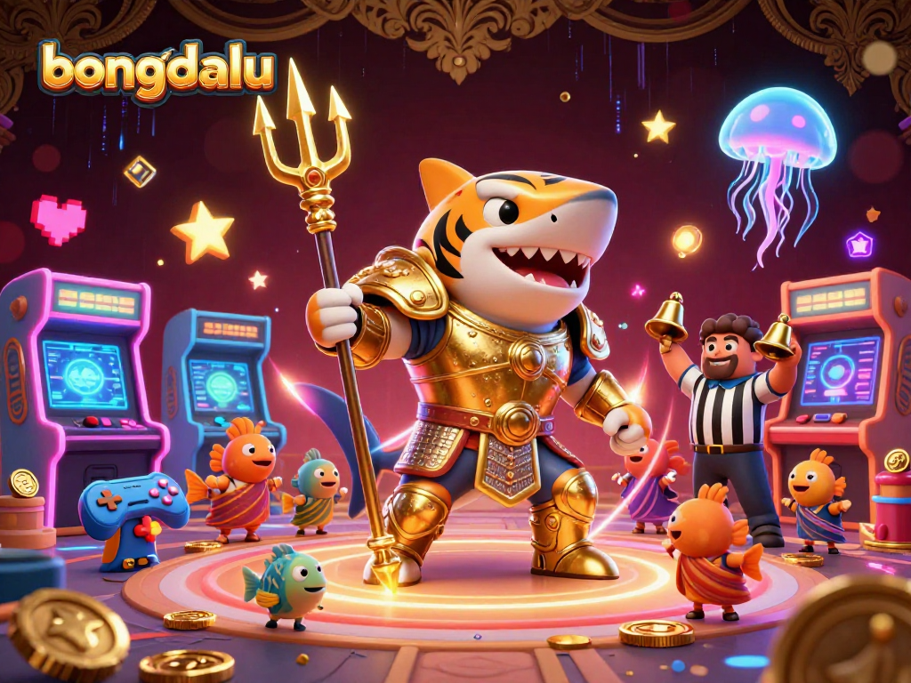 Bongdalu showcases a lively underwater casino scene with a golden tiger shark and arcade elements.