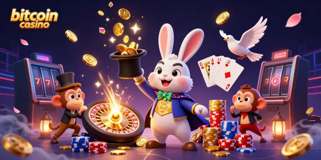 Experience the thrill of a bitcoin casino through a vibrant 3D illustration of a magician rabbit, dove, and monkey amidst rich gambling elements.