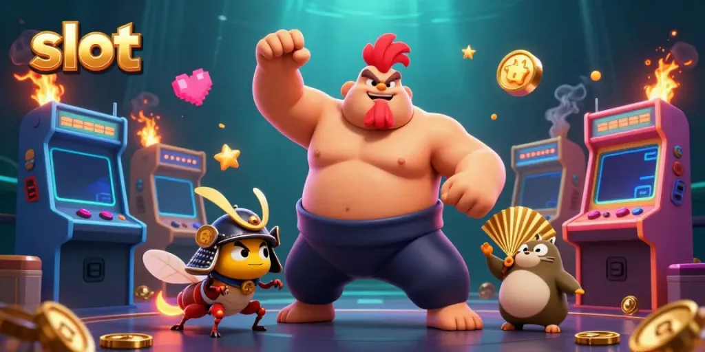 Engaging slot scene featuring a powerful sumo rooster and samurai cricket in a vibrant casino atmosphere.