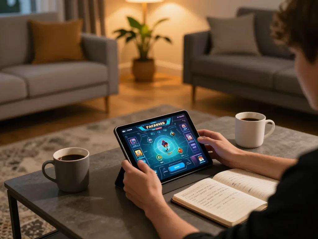 FAFA828 player engaged in online gaming strategy at home with tablet and notes