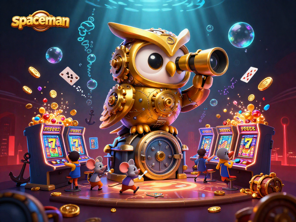 Experience the excitement of spaceman-themed slots with a vibrant 3D casino scene.