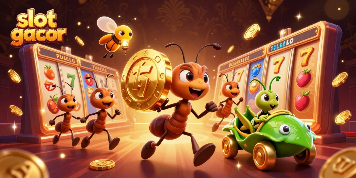 Slot gacor menampilkan semut kartun beraksi di kasino, mendatangkan kemenangan besar dengan jackpot berkilau.