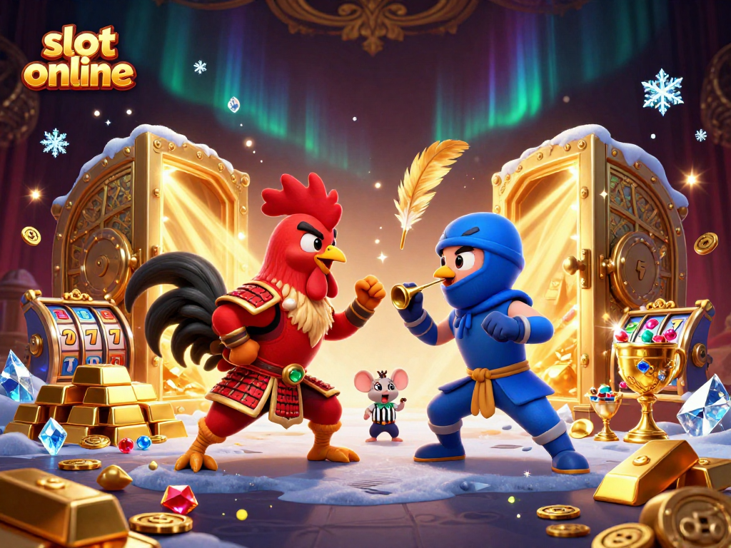 Watch slot online battles with heroic roosters and dazzling treasure in this illustrated scene