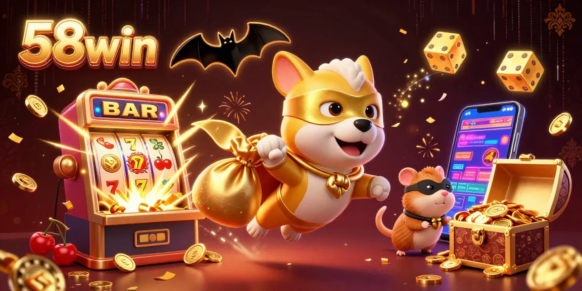 Winning with 58win: 3D superhero dog flying through a vibrant casino scene full of gold.