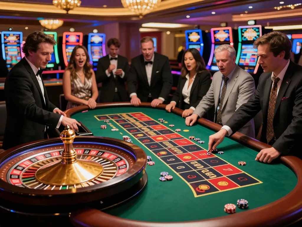 Players enjoy a roulette game at Casinosscope, watching the wheel for winning strategies.
